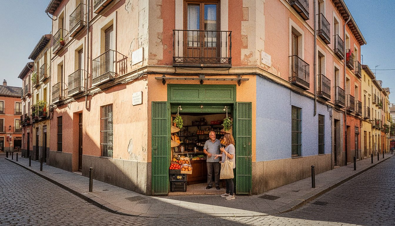 El dueño de una pequeña tienda de barrio atendiendo a un cliente habitual
