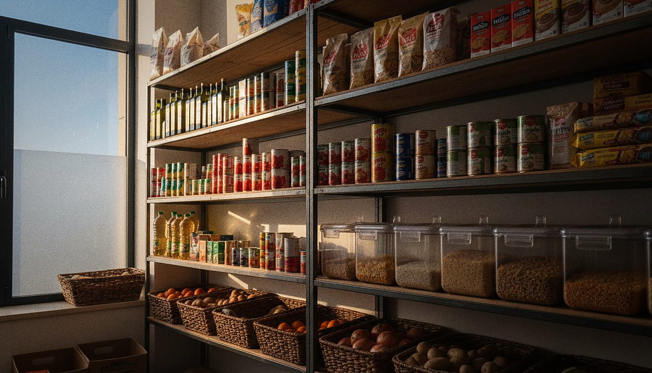 Estanterías de una despensa solidaria vecinal con alimentos básicos organizados por categorías